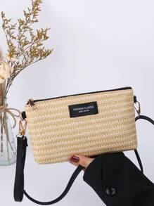 Nuevo bolso de hombro de una sola pieza de verano, tejido de paja con cremallera, bolso de embrague tejido de paja 2 en 1 monedero, soporte diario para teléfono, pequeño bolso de mano de color PU