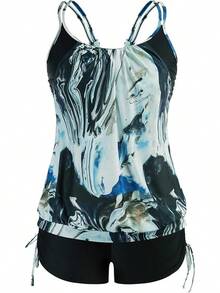 Tankini de talla grande para mujer con parte superior estampada a rayas y tirantes, con shorts, conjunto de dos piezas de traje de baño - Patrón de onda azul y negra - Ver 1
