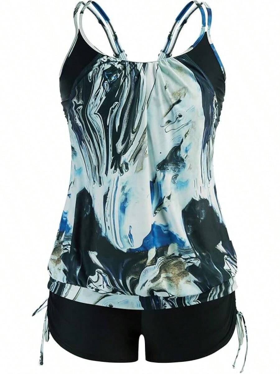 Tankini de talla grande para mujer con parte superior estampada a rayas y tirantes, con shorts, conjunto de dos piezas de traje de baño - Patrón de onda azul y negra - Ver 1