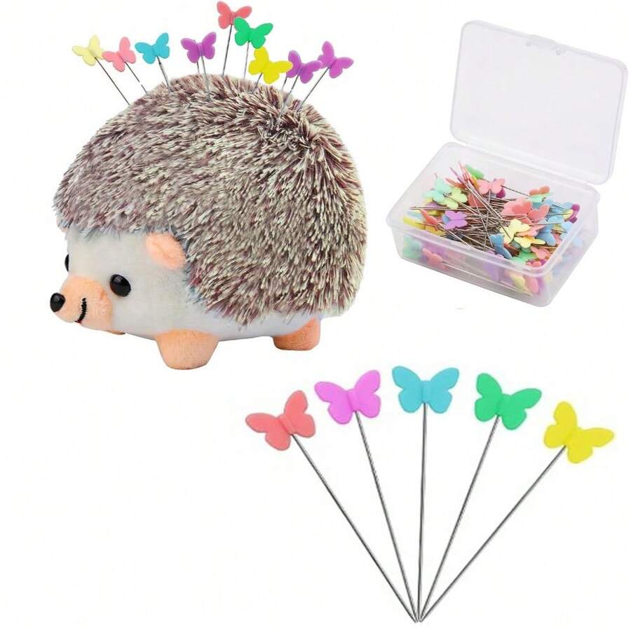 Hedgehog Shaped Pin Cushion Sewing Kit With 100 Colored Pins, Big Pincushion With Clear Storage Box And Quilting Pins, Colorful Head Straight Sewing Pins For Handicrafts DIY Sewing