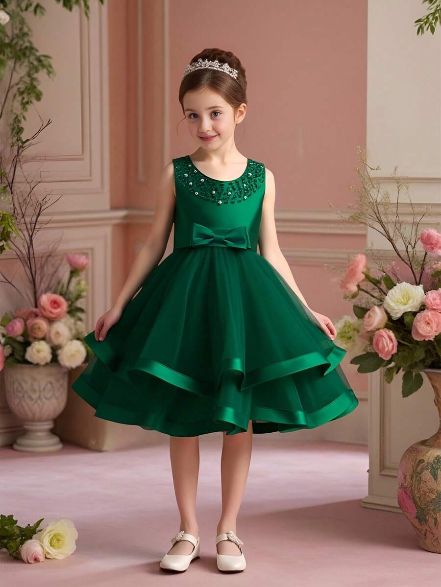 Young Girls' Solid Color Bow Tulle Satin Sleeveless Puffy Skirt, Elegant Formal Dress Suitable For Banquet And Party, Excluding Headband - 墨綠色 - 查看 1
