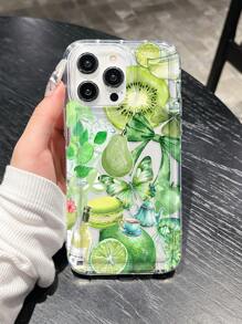 1pc Green Kiwi Fruit Drink & Butterfly Patchwork Anti-Fall Mobile Phone Case Compatible With IPhone 11 12 13 14 15 Pro Max/13promax Xr Xs16 16promax, S24 S20FE S23+ A54 5G/A52/A14/A15/A12/S22/S21A33 5G Galaxy A50 S25 Series, Gift For Men & Women