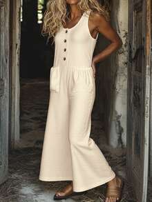 IGKEEL Solid Color Sleeveless Jumpsuit With Pockets, Women's Summer Vacation/Casual Wear - Apricot - View 2
