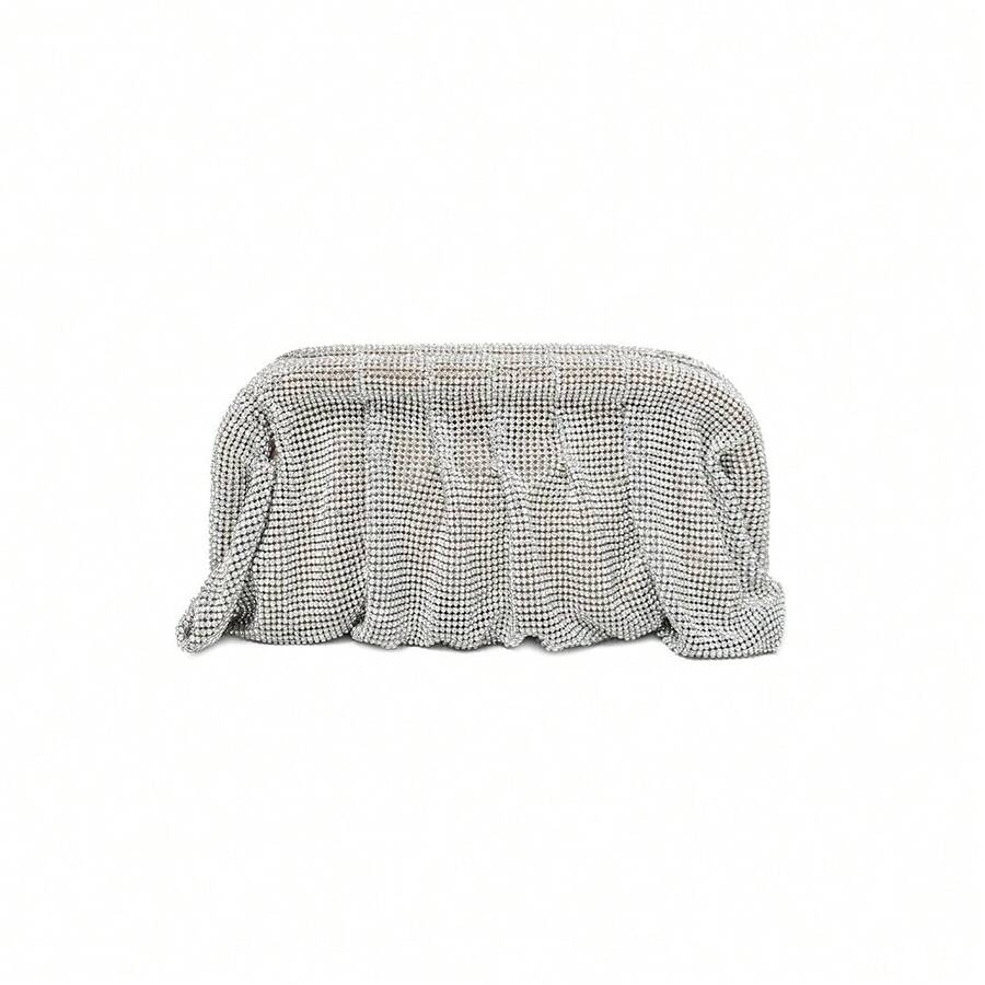 Shiny Rhinestone Metallic Mesh Cloud Shaped Clutch Bag, Pleated Chain Shoulder/Hand Bag For Party/Evening, Suitable For Women - Silver - View 1