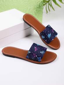 Women's Casual Round Toe Colorful Butterfly Print Rhinestone Decor Flat Slippers