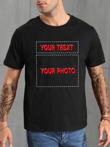 Customized Men's Short Sleeve T-Shirt With Personalized Graphics And Text, Customized With Your Own Photos, Text, Seasonal Greetings For Christmas, Valentine's Day, Family, Friends, Pets, Printed On The Front Of A Men's Black Crew Neck T-Shirt, Great For Holiday Parties, Birthday Gifts Ornamental,Dawg Stylish,Fashion,Hipster,Contracted,Easy Costume,Modest Fashion,Minimal Chic,Casual Custom,Unique,Personalized Ideal Gifts For Him Family,Boyfriend,Friends,Children
