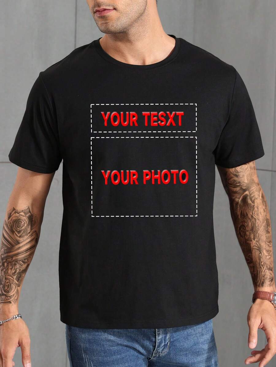 Customized Men's Short Sleeve T-Shirt With Personalized Graphics And Text, Customized With Your Own Photos, Text, Seasonal Greetings For Christmas, Valentine's Day, Family, Friends, Pets, Printed On The Front Of A Men's Black Crew Neck T-Shirt, Great For Holiday Parties, Birthday Gifts Ornamental,Dawg Stylish,Fashion,Hipster,Contracted,Easy Costume,Modest Fashion,Minimal Chic,Casual Custom,Unique,Personalized Ideal Gifts For Him Family,Boyfriend,Friends,Children