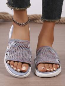 Women's New Wedge Thick Platform Color Block Patchwork Hollow Out Rhinestone Decor Bohemian Fabric Comfortable Outdoor Office Vacation Sandals, Spring/Summer - Dusty Blue - View 1