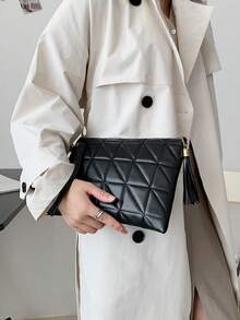 1 件纯色缝线格子 PU 信封式手拿包，拉链腕带袋，流苏时尚女士手提包，适合日常、旅行、购物、派对 - 黑色 - 查看 2