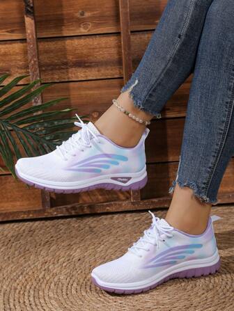 Plus Size Women's Comfortable Tennis & Racket Sports Sneakers, New Design Knitted/Lace-Up/Patchwork/Dual-Color Outsole Casual Running Sports Shoes