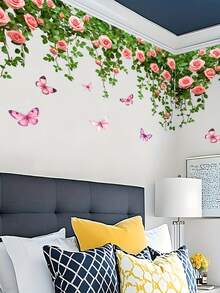 1 件 Fanyu 玫瑰藤蝴蝶墙贴 - 自粘式可移除 PVC 贴花，带有粉红玫瑰、绿叶和紫色蝴蝶，适用于墙壁、塑料表面 - 梦幻花卉装饰、半哑光饰面、蝴蝶装饰 - 彩色 - 查看 4
