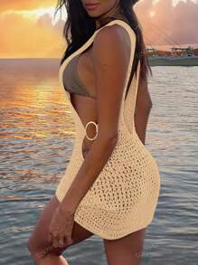 Vestido de cubrecuerpo corto para mujer de verano, estilo bohemio, sexy, con abertura, casual, transparente, sin mangas, de ajuste ceñido y espalda abierta