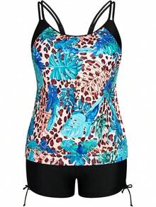 Womens Plus Size Striped Printed Strappy Tankini Top With Shorts Two Pieces Swimsuit - Leopard Blue Leaf - View 1