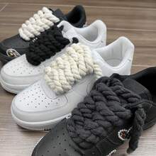 2 Pairs Of Round 8mm/5mm Solid Color Hand-Woven Hemp Rope Thick Shoelaces - 8mm+5mm-đen - Xem 4