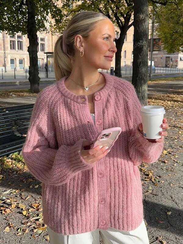 Women's Casual Loose Front Open Design Ribbed Texture Solid Color Cardigan, For Daily Wear And Travel, Autumn/Winter