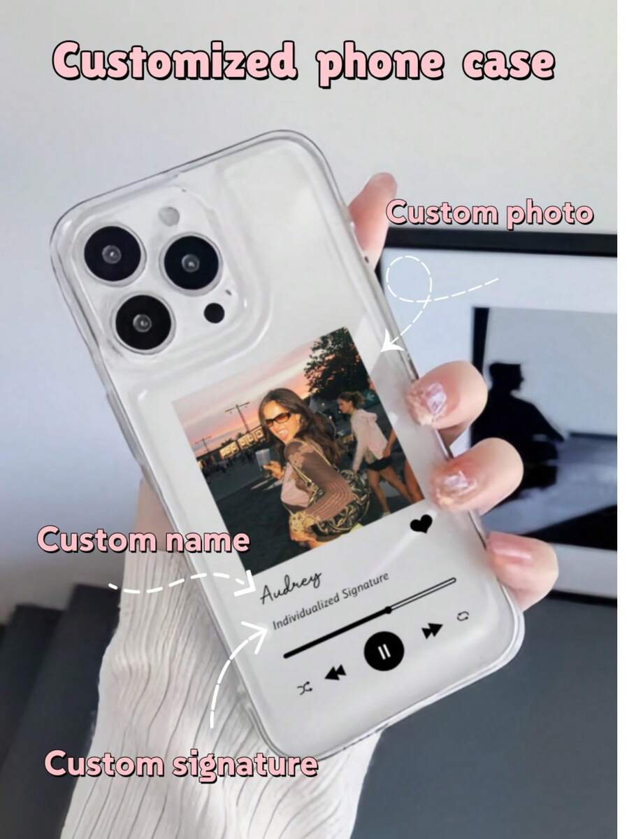 1pc Customized Phone Case - Personalized Phone Case With Custom Name, Music Player Themed Case With Uploaded Photo, Name, Signature For Unique Music Interface Look. Compatible With IPhone 11/12/13/14/15 Pro Max, Galaxy A15/A25/A35/A55/S23/24 Ultra, Redmi, OPPO - Clear - View 1
