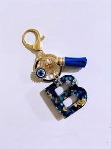 1pc Chic Blue Resin Alphabet Initial Keychain With Evil Eye & Tassel - Stylish Oblong Letter Charm, Rhinestone Embellishments, Lobster Clasp - Perfect Everyday Accessory & Thoughtful Gift For Women, Ladies Key Ring Backpack For School Car Accessories Cute Goth Y2k - Multicolor - View 2