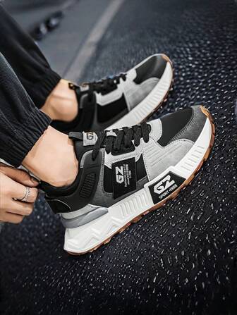 Men's Fashion Chunky Contrast Color Chunky Sneakers, Breathable Comfortable Sport Shoes, Lace-Up Running Shoes For Outdoor