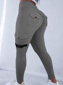 Y2K Yoga Leggings, High Waist Tummy Control, Butt Lifting, Suitable For Fitness & Sports, With Flap Pockets, Women Spring - Khói xám - Xem 5