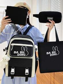 4件组合包 时尚简约可爱大容量多口袋实用耐用双肩包套装女生日常上班休闲度假郊游单肩包背包文具包手提包小学生初中生高中生大学生开学必备带挂坠背包 - 彩色 - 查看 13