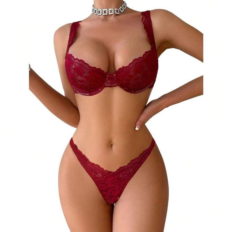 Lilosy Sexy Floral Lace Underwire Push Up Lingerie Set Outfits - Burgundy Red - View 1