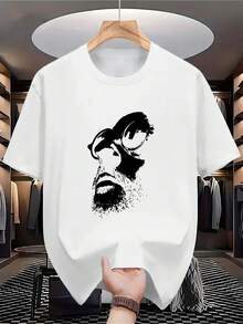 Chemise en coton à imprimé graphique pour hommes, col rond, manches courtes, style de rue, vêtements de sport décontractés confortables et légers de couleur beige, design noir et blanc, tenue décontractée, vêtements doux pour la peau - Noir - Voir 5