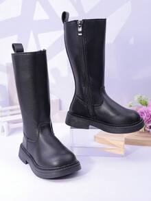 Children's Flat Boots, Girls Shoes For Autumn/Winter, Side Zipper Mid-Calf Boots, Toddler/Little/Big Kid Thick Sole - Black - View 6