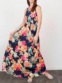 Boho Retro Vintage  Solid  Grey Color Block Color Sleeveless Grey Maxi Dress Racer | S-3X - Blue Floral - View 1