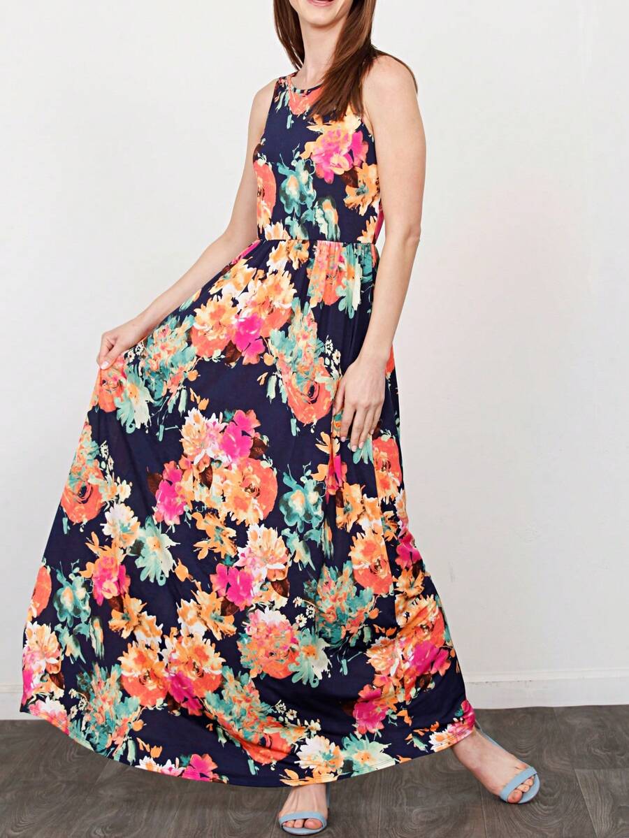 Boho Retro Vintage Solid Grey Color Block Color Sleeveless Grey Maxi Dress Racer | S-3X - Blue Floral - View 1