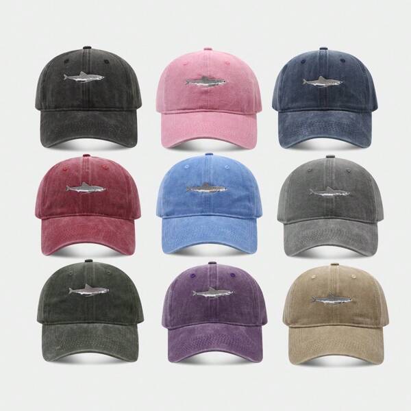 1 pièce Casquette de baseball femme brodée de requin, lavée. Chapeau de soleil ajustable pour l'extérieur et le décontracté, pour le printemps, l'automne, les voyages et la plage. Convient aux hommes et aux jeunes dans le style Y2K