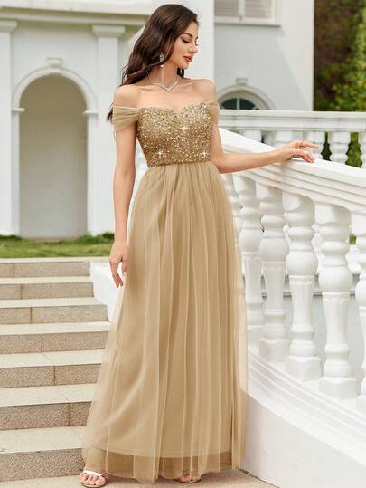 CHOSMO 优雅纯色正式礼服，针织面料，露背设计，网纱拼接，亮片点缀，适合舞会、婚礼、生日派对、周年纪念、毕业典礼、音乐节、正式场合、写真拍摄、舞台表演等春季场合。