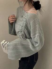 YCYC Women's Korean Style Soft Knit Top With Drawstring Design - Grey - View 3