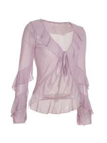 Women's Summer Y2k Mesh Sheer Crop Tops Ruffled Tie Front Cardigan Solid Color Long Sleeve V-Neck See Through Slim Tops Clubwear - 紫色 - 查看 5