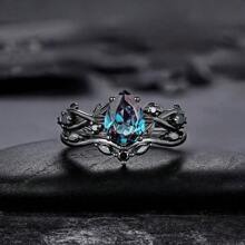2pcs Women's Fashionable Zirconia Gun-Black Matching Rings, Personalized Jewelry