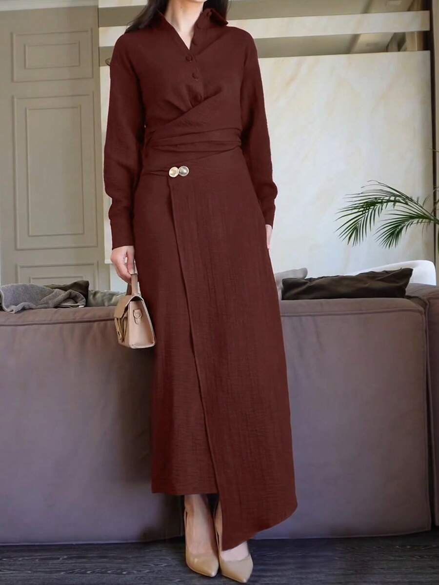 Damen distinktives Hemd Outfit, modisches Design Kragen Einreiher einfarbiges Hemd-Top & eleganter einfarbiger Rock Set, elegantes, lässiges Knopfdekor