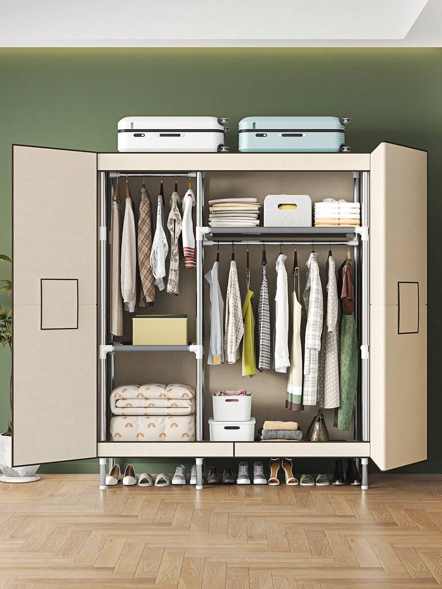 1pc Simple Cloth Wardrobe, Solid Color Modern Style, Steel Pipe Frame Structure Durable (Pipe Diameter 19mm), Includes Hanging Space And Multi-Layer Storage Shelves, Top Space For Storage, Suitable For Home, Bedroom, Rental, Apartment Clothing Storage Furniture - Multicolor - View 1