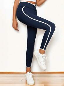1pc Women's Contrast Color Stripe Yoga Pants, High Waisted, Tummy Control, Butt Lifting, Smoothing, Workout, Gym, Running Leggings