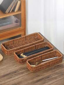 1pc Imitation Rattan Storage Basket, 3 Sizes Creative Portable Household Spoon Fork Knife Storage Container Suitable For Knives, Forks, Spoons, Tableware, Makeup Tools, Office Stationery, Tool Desktop Storage, Tableware Drainage Storage Box, Household Tableware Storage Box, Kitchen Accessories.
