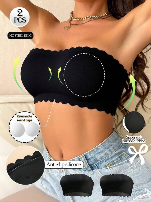 2pcs Women Strapless Plain Color Tube Top Bra, Comfortable Breathable Dress Bra, 1/2 Cup