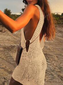 Vestido de cubrecuerpo corto para mujer de verano, estilo bohemio, sexy, con abertura, casual, transparente, sin mangas, de ajuste ceñido y espalda abierta