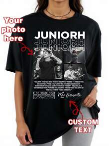 Camiseta holgada personalizada para mujer, sube tu foto/foto de grupo/foto de amigo, ingresa tu texto/bendiciones/nombre/significativo/texto divertido, top negro, camiseta holgada de manga corta casual para mujer, regalo de vacaciones, moda de primavera y verano, mercancía de festival de música, regalo especial, regalo creativo, pareja, conjunto de mejores amigos, uniforme de equipo, personalización corporativa