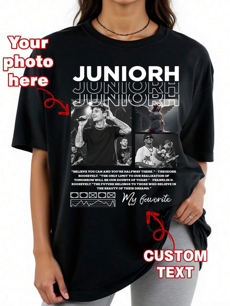 Camiseta holgada personalizada para mujer, sube tu foto/foto de grupo/foto de amigo, ingresa tu texto/bendiciones/nombre/significativo/texto divertido, top negro, camiseta holgada de manga corta casual para mujer, regalo de vacaciones, moda de primavera y verano, mercancía de festival de música, regalo especial, regalo creativo, pareja, conjunto de mejores amigos, uniforme de equipo, personalización corporativa