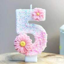 1pc Pink Flower Digit Birthday Cake Candle, Party Festival Birthday Decor Handmade Sparkling Glitter Candle - Pink Daisy - View 8