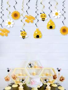 5pcs/Set Hanging Spiral Decorations, Bee Party Hanging Spiral Aluminum Foil Ceiling Streamers Honey Bee Themed Party Supplies, Birthday Gender Reveal Bee Party Decor - Yellow - View 4