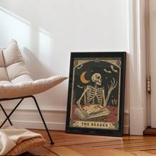 1 pieza Impresión de arte de pared de lector de tarot gótico, Halloween esqueleto amante de los libros, póster de bruja de biblioteca con símbolos sagrados, decoración sin marco de academia oscura para dormitorio espeluznante/rincón de lectura, regalo místico y decoración de fiesta (Impresiones de pared ocultas de vuelta al colegio)