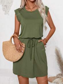 Robe femme grandes tailles de couleur unie, manches courtes, taille cintrée affinante