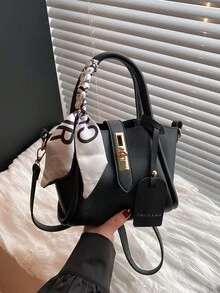 1pc Fashion Simple Buckle PU Dual Compartment Shoulder/Crossbody/Handbag With Random Scarf, Suitable For Daily Use - Black - View 1