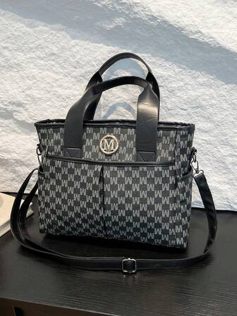 Bolso de mano grande de mujer de nueva temporada con estampado de letra M en negro, de gran capacidad y múltiples bolsillos, cierre con cremallera, material de PU, adecuado para compras, ir al trabajo, se puede llevar como bandolera, bolso de mano de gran capacidad