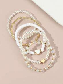 5pcs/Set Lovely Heart Pearl Beaded Bracelet Set For Girls, Suitable For Daily, Party Jewelry, Holiday Gift - Multicolor - View 1