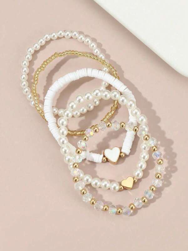 5pcs/Set Lovely Heart Pearl Beaded Bracelet Set For Girls, Suitable For Daily, Party Jewelry, Holiday Gift
